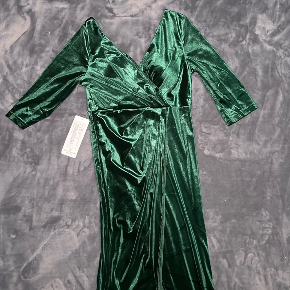 Azazie Velvet 3/4 sleeve Emerald Green Maxi Dress